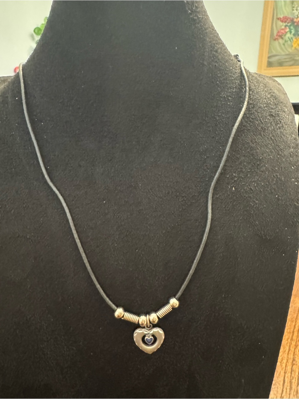 Vintage Silver Tone Heart Pendant Necklace Blue Enamel Black Cord #212